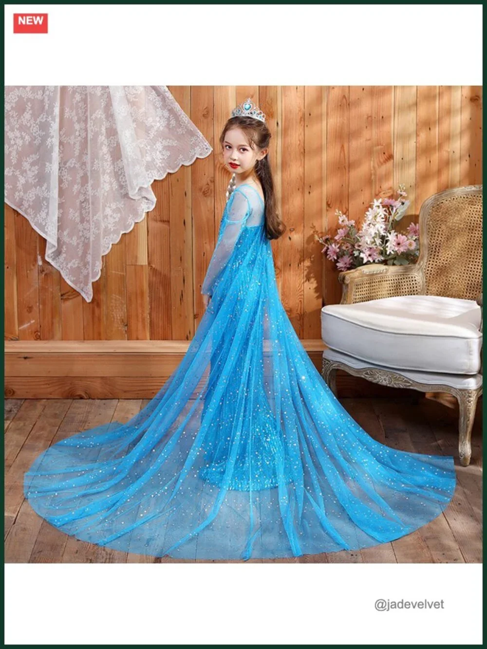 Girls Princess Elsa Sequin Dress Costume with Cape Wig Crown Gloves
